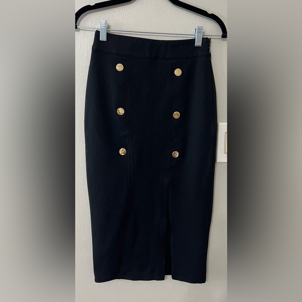 River Island Black High Waist Pencil Skirt Gold Buttons Size US 2 UK 6 Midi